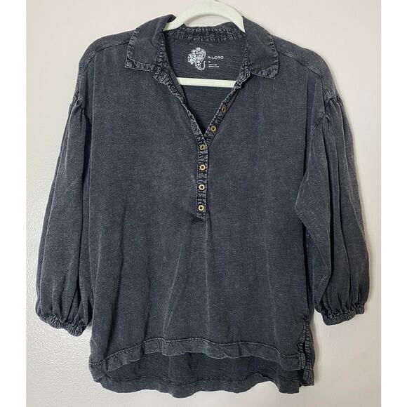 ANTHROPOLOGIE PILCRO BLOUSE XS BREEZY PUFF-SLEEVED TOP GRAY HENLEY COTTAGECORE - Picture 1 of 11